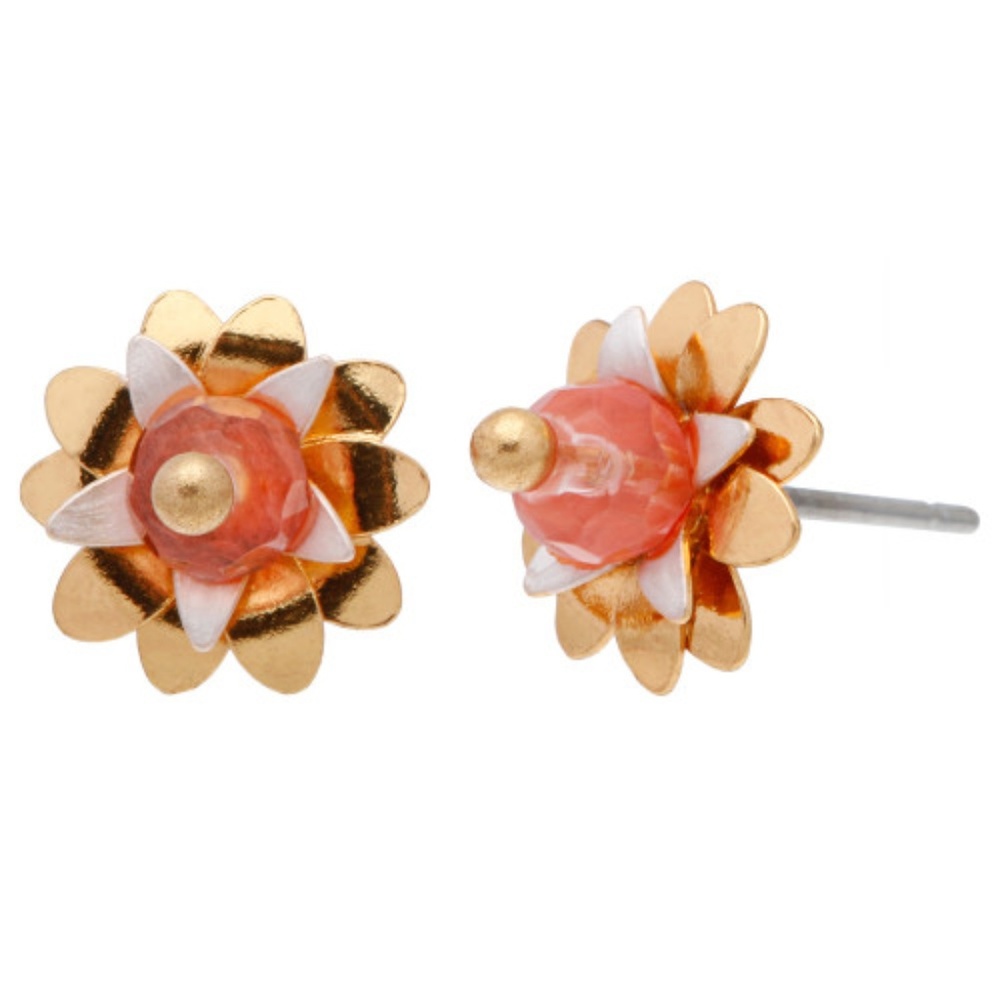 Goldtone Pink Bead Flower Stud Earrings